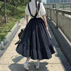 New Sweet Women Skirt Preppy Style Strap Long Skirt Ruffles Loose Cute Student Casual Skirt Female Skirts  HOT