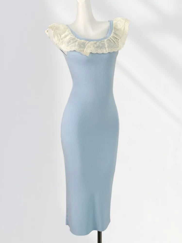 Peter Pan Collar Ruffle Knit Long Dress 2025 Blue Embroidery Patchwork Sweet Chic Tank's Dress Sleeveless Slim Summer Dresses voguable