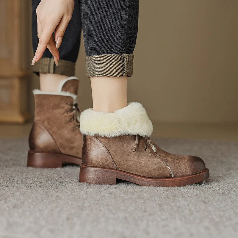 Winter New Women Ankle Boots Thick High Heels Warm Wool Snow Boots Genuine Leather Cross-Tied Popular Shoes Woman Casual voguable