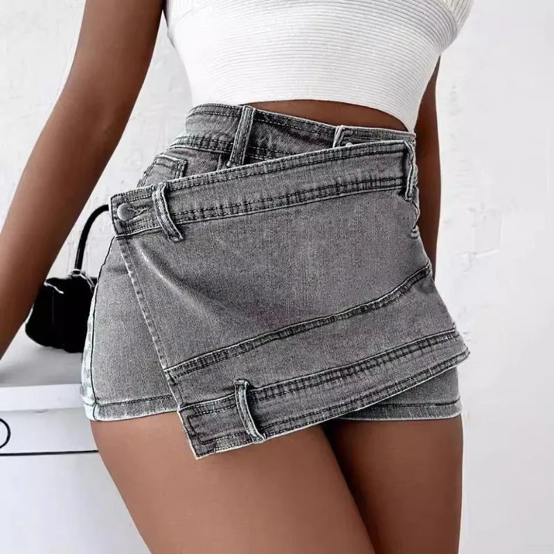 Voguable  Fashion Irregular Splicing Women's Denim Shorts Summer High Waisted A-line Jean Skirt Shorts Woman Slim Washed Blue Cowboy Pants voguable
