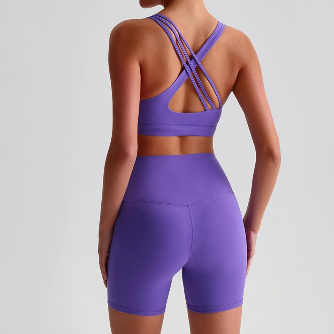 Voguable  Solid Color High Waist Gym Yoga Short Legging Set Tight Women Cross Back High Impact Shoulder Strap Fitness Bra Top Sportwear voguable