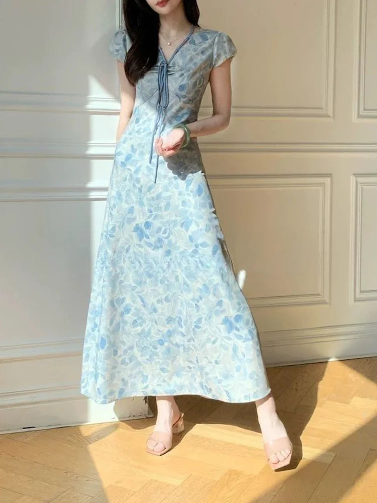 Sweet Blue Print Long Dress Women Slim Vintage V Neck Elegant Dress Casual French Retro Lace Up Female Soft Vestidos New voguable