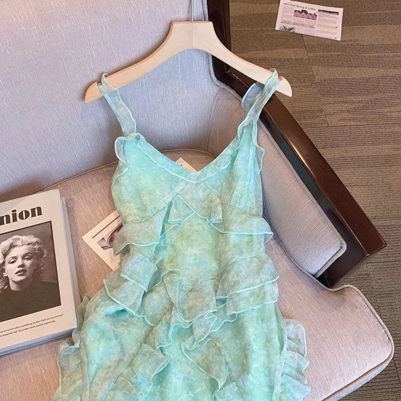 Voguable Summer Women's Vintage Elegant Light Green Dress Casual Spaghetti Strap Sleeveless Camisole Suspender Female Dresses voguable