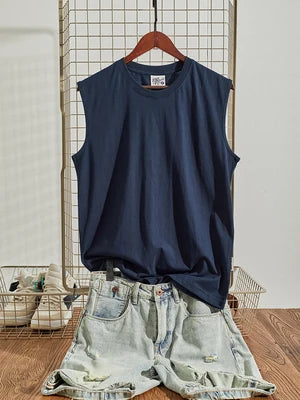 Voguable  Summer New American Retro Sleeveless O-neck Soild Color T-shirt Men's Fashion 100% Cotton Washed Old Casual Sports Vest Tops voguable