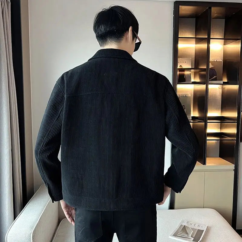 Korean Style Fashionable High-end Jacket Men's Spring Autumn 2025 New Corduroy Top Trendy Handsome Loose Short Lapel Thin Jacket voguable
