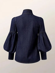 New Korean Fashion Imitation Denim Puff Sleeves Bow-Embellished Blouses Women Spring Autumn High Neck Shirts Tops voguable