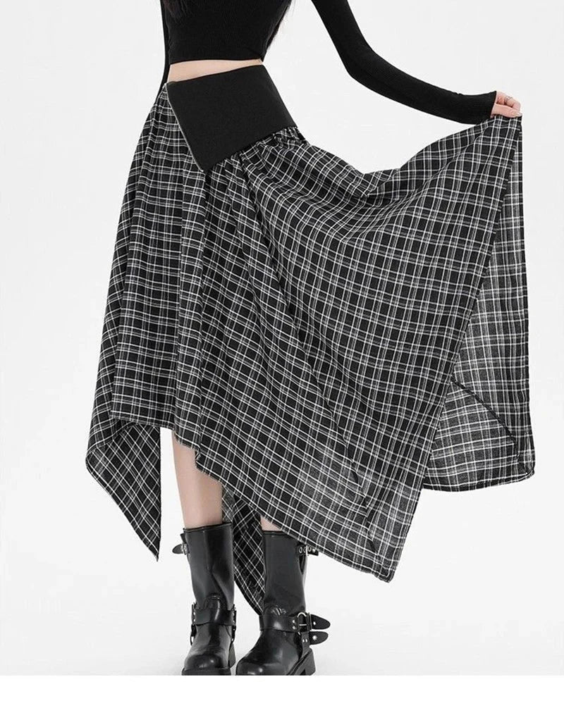 Y2K Streetwear Plaid Long Skirt Women High Waist Retro Hip Hop Irregular Skirt Fall Casual American Gothic Female Long Skirts voguable