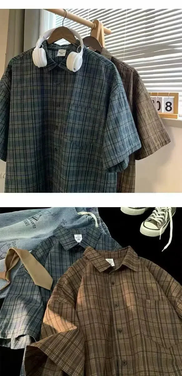 Japanese Vintage Plaid Short Sleeve Shirt Men's Streetwear Loose Fit Casual Stylish Versatile Half Sleeve Underwear voguable