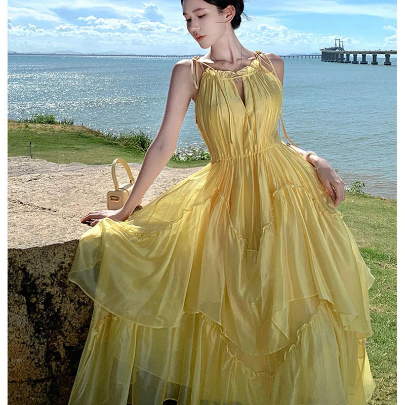 Voguable  Boho Yellow Tie Strap Maxi Dress for Women Ruffled Neck Keyhole High Low Hem Flowy Chiffon Dresses Summer Commute Beach Vacation voguable