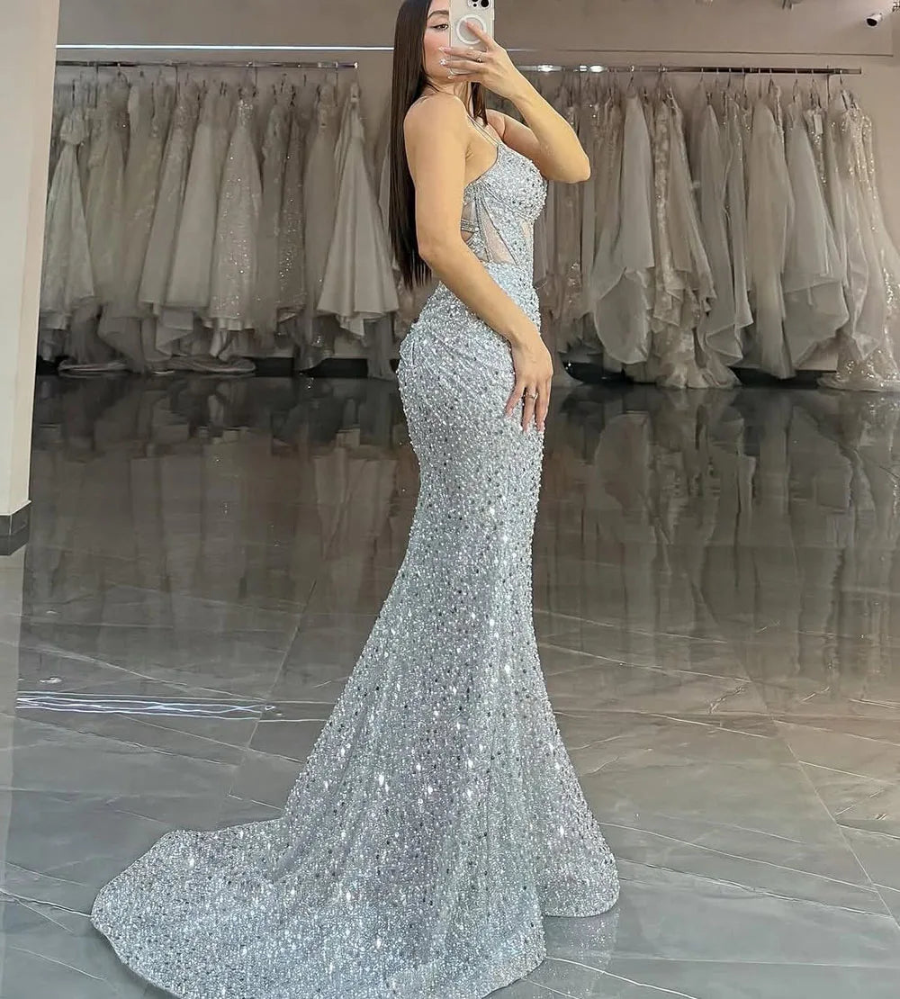 Customized Sparkly Mermaid Party Gown 2025 Spaghetti Straps Corset Evening Dress Sexy Prom Dress Beaded Formal Gown voguable