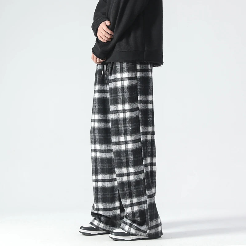 Vintage Color Plaid Pants Men's Loose Wide Leg Pants Autumn New Lazy Wind Straight-leg Leisure Trousers Male Jogger Sweatpant voguable
