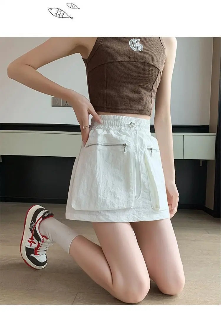 High Waist Drawstring Summer Women Short A Line Skirt Vintage Casual Cargo Big Zipper Pocket Skirt with Safety Shorts Hip Skirts voguable