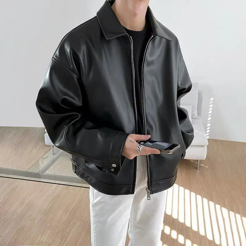 PU Leather Jacket Men Autumn and Winter Trend Black Motorcycle Jacket American Retro Loose Casual Lapel Zipper Coat Men voguable