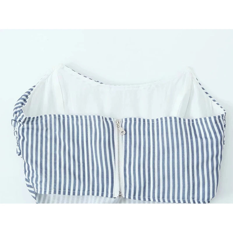 Voguable  American Retro Striped Strapless Tops Sexy Women Back Zipper Pleats Holiday Summer Crop Top voguable