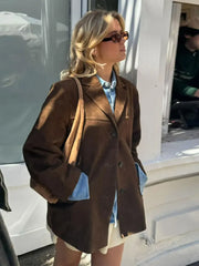 Fashion Brown Lapel With Pocket Jacket Woman Casual Single Breasted Long Sleeve Short Coat 2024 Lady Autumn High Street Outwear voguable
