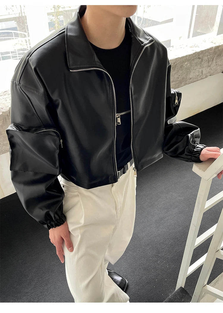 Spring Autumn Cropped Pu Leather Jacket Men Long Sleeve Zipper Luxury Designer Clothes Runway European Fashion voguable