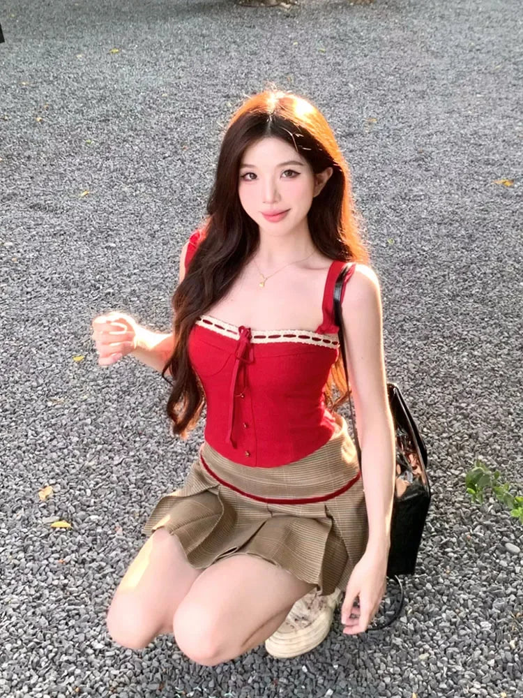 Voguable Harajuku 2000s Aesthetic Outfits 2 Piece Skirt Set Gyaru Off Shoulder Red Tank Top + Japanese Vintage Pleated Skirt Coquette Y2K voguable