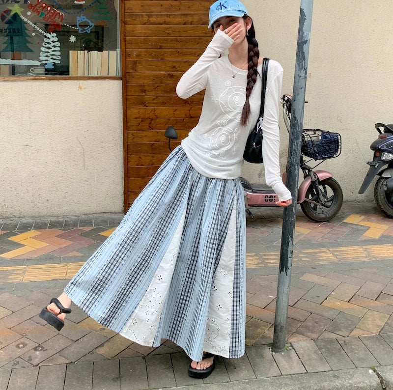 Sweet Lace Patchwork Long Skirts Women Korean Loose High Waist Skirt Casual Design Striped Plaid Elegant Female Skirts New voguable