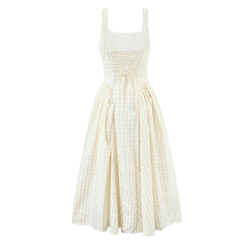 Lace Up Bandage Plaid Sling Dress Women Elegant Square Neck Low Waist A-line Midi Summer Dresses Holiday Party Robe 2025 voguable