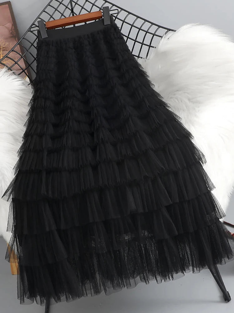 Summer Elegant Women Tulle Skirt Korean Fashion Mesh A Line Ladies Cake Skirt High Waist Loose Party Female Skirts New voguable