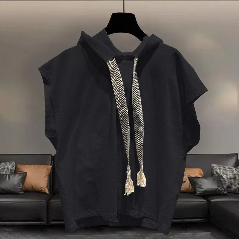 Voguable  Hooded Sleeveless T-shirt Men's Summer New Plus Size Solid Color Loose All-match Vest Tops Street Casual Fashion Men Clothing voguable