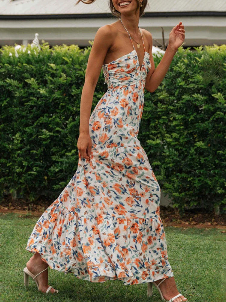 Voguable  Women's Summer Chiffon Halter V Neck Sleeveless Floral Flowy A Line Maxi Dress Boho Backless Tiered Swing Long Beach Dresses voguable