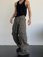 High street retro casual large pocket overalls men's and women's new summer high waist loose straight tube draped wide leg pants voguable