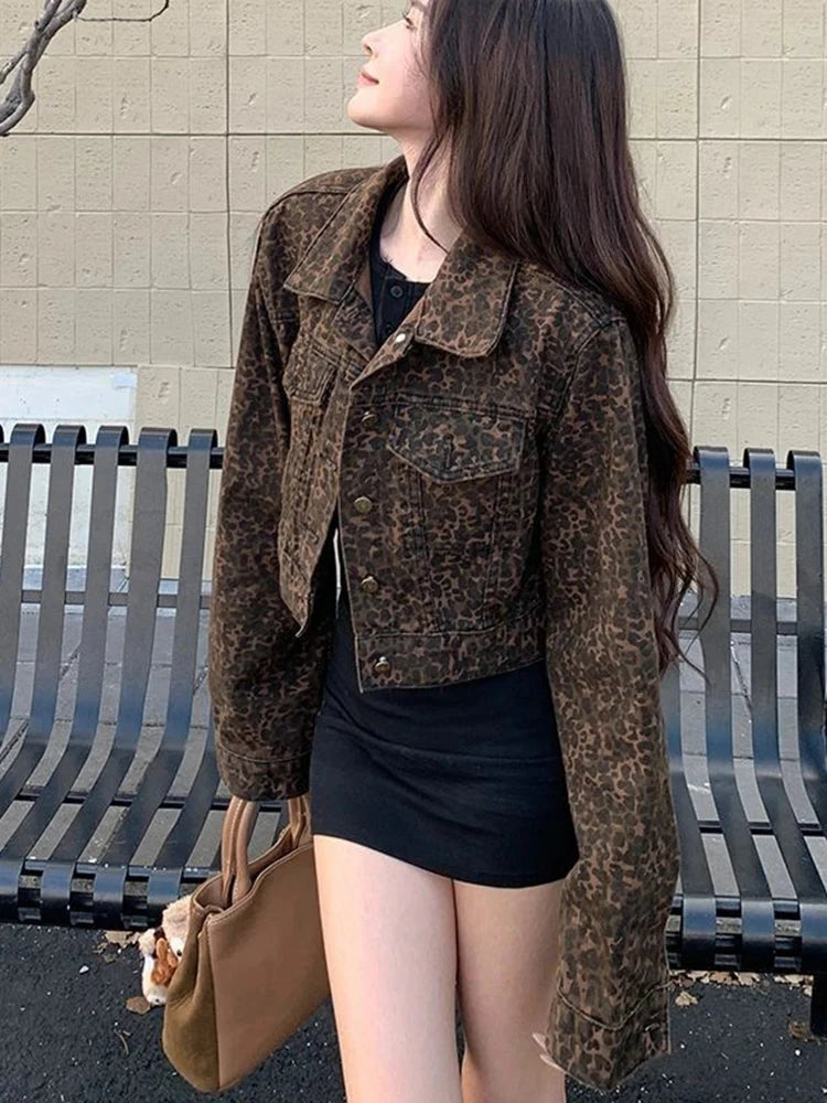 Y2K Cropped Leopard Denim Jacket Women Vintage Streetwear Long Sleeve Slim Short Coat American Harajuku Female Hip Hop Tops voguable