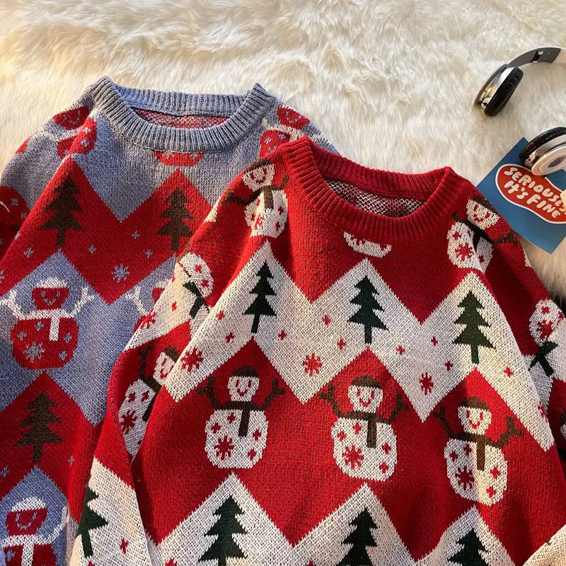 New Year warm pullovers round neck sweater women street stitching Christmas tree jacquard sweater ins couple loose in winter voguable