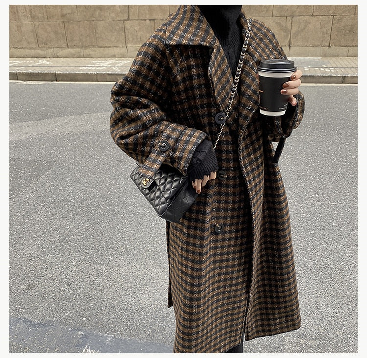 Autumn Winter Long Loose Casual Soft Plaid Woolen Coat Women Double Breasted Stylish Chic Luxury Designer Clothes voguable