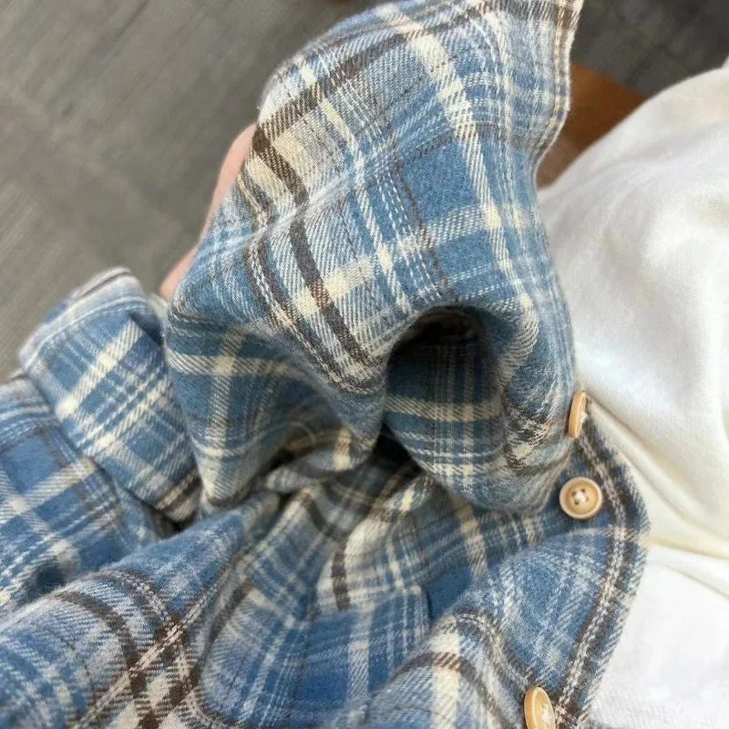 Women Shirt Women Long Sleeve Mid Length Vintage Blue Plaid Pocket Turn down Collar Preppy Style Shirts Blouse Female Cardigan voguable