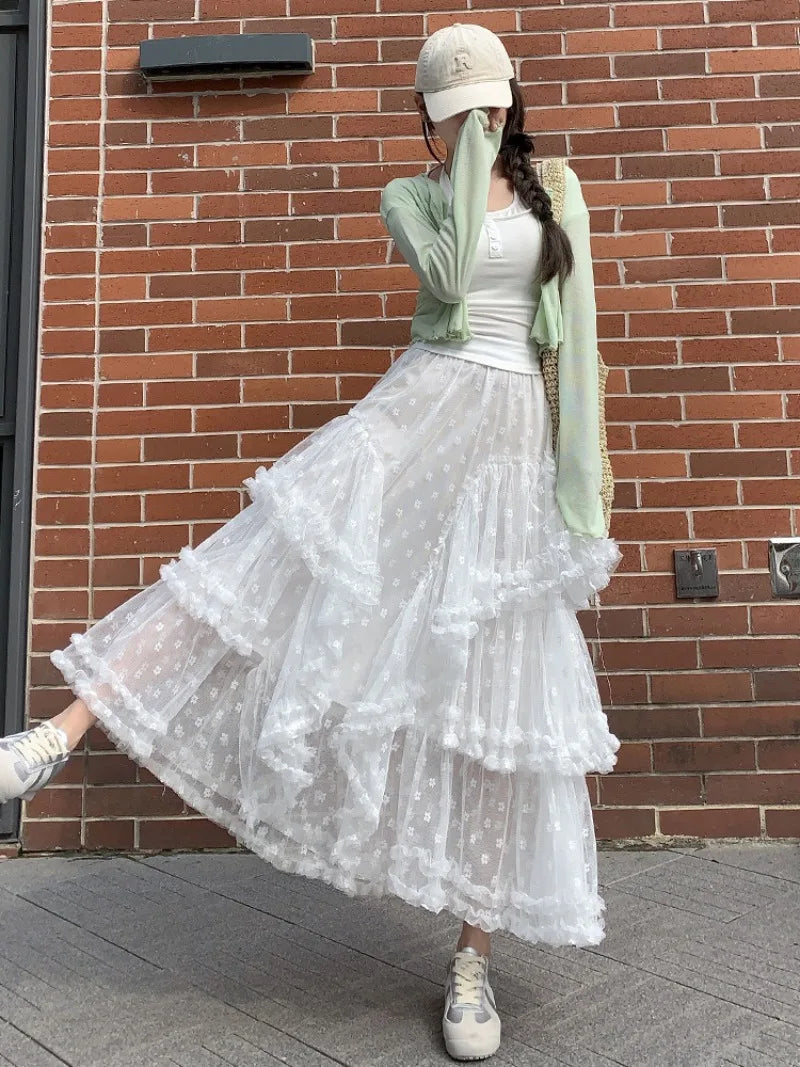 Voguable  Elegant Long Multi Layer Mesh Skirt for Women Elastic Waist A-Line Summer Skirt Woman Sweet White Lace Patchwork Cake Skirts voguable