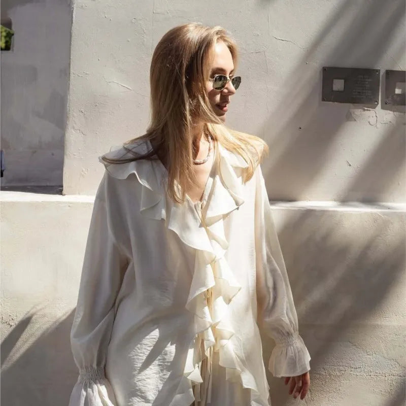 Ruffle Beige Simple Casual Women Sets V-neck Long Sleeve Shirts Top And Shorts Summer Outfits Vacation Chic Fashion 2 Piece Set voguable