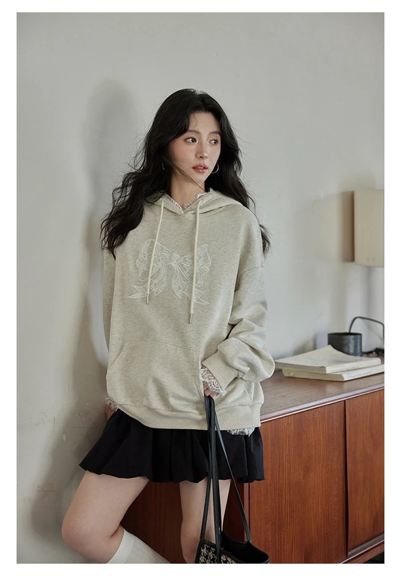 Lace Patchwork Cute Hoodies Women Loose Long Sleeve Bow Print Vintage Pullover Korean Casual Female Preppy Style Sweet Tops voguable
