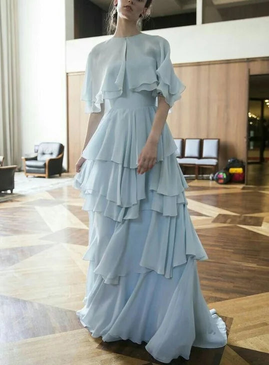 Light Blue A Line Prom Dresses Ruffles Tiered Women Customized Evening dresses Arabic Party Special Occasion Dress voguable