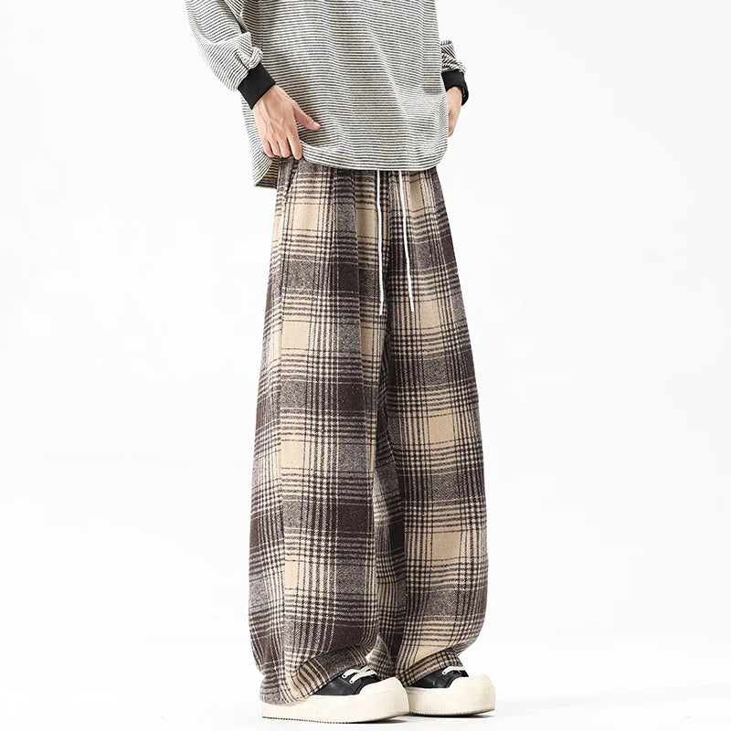 Autumn Thick Pants Men Warm Fashion Retro Plaid Pants Men Japanese Streetwear Loose Wide Leg Pants Men Vintage Trousers M-3XL voguable