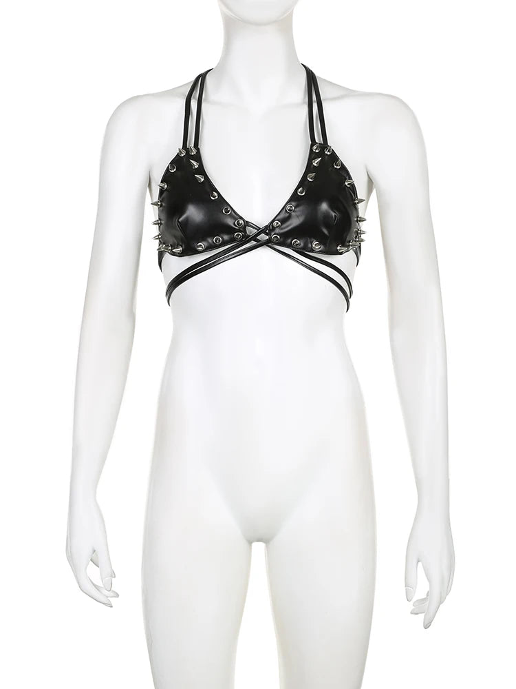 Dark Rivet Bandage Pu Leather Camis Halter Tops Punk Style Gothic Sleeveless Backless Crop Tops Women Streetwear voguable