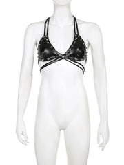 Dark Rivet Bandage Pu Leather Camis Halter Tops Punk Style Gothic Sleeveless Backless Crop Tops Women Streetwear voguable