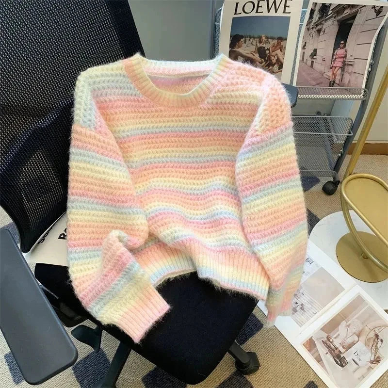 Women Chic Rainbow Sweater Loose Cute O Neck Long Sleeve Knitted Jumpers Fall Winter Lazy Wind Japan Fashion Sweet Pullover voguable