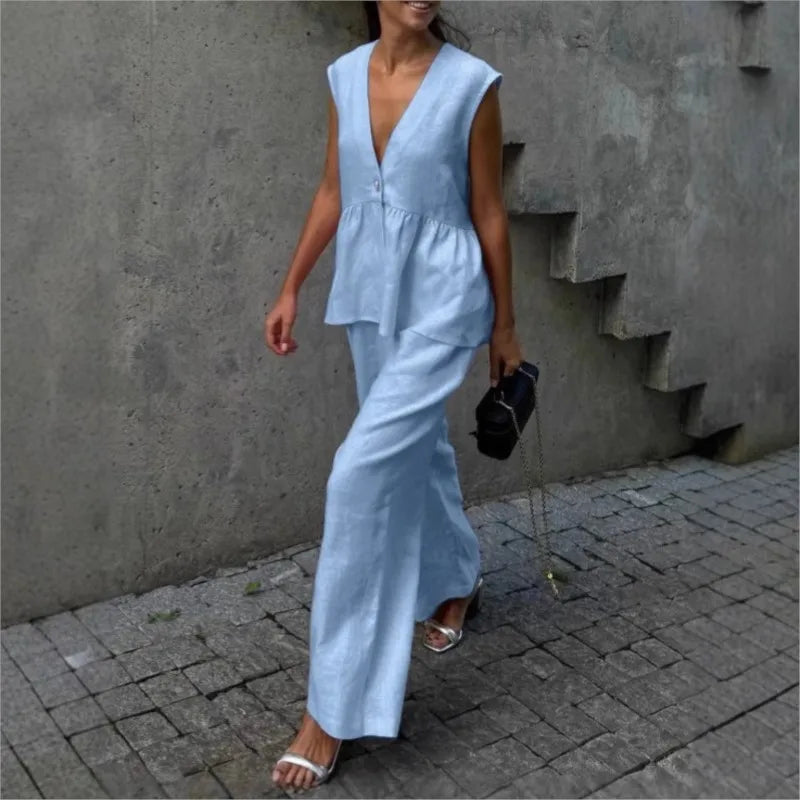 Fashion Women's Trouser Suits Sleeveless V-Neck Top Women Casual Straight Pants Sets Summer Women's Suit Commuter 2 Piece Set voguable