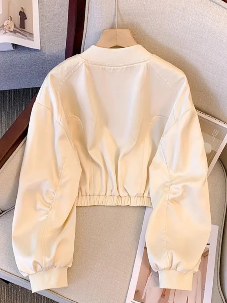 Baseball Y2K Satin Jackets Women Slim Long Sleeve Streetwear Vintage Short Coats Vintage Korean Pockets O Neck Fall Winter Tops voguable