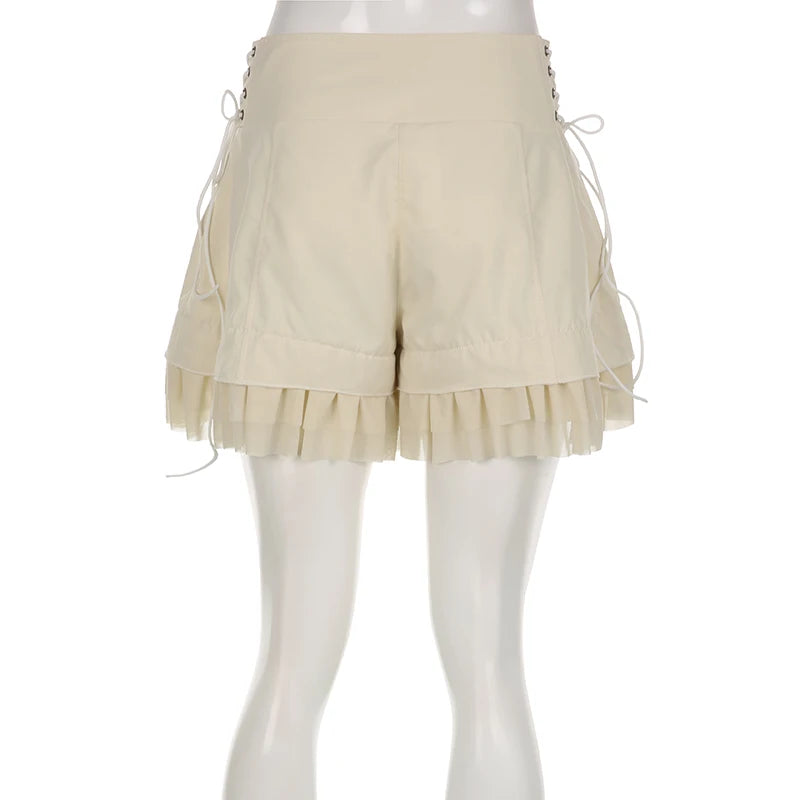 Voguable  Sweet Mesh Tiered Ruffle Shorts Skirts Khaki Wide Form Side Bandage Cute Hot Pants Lolita Style Soft Girls Shorts Y2K voguable