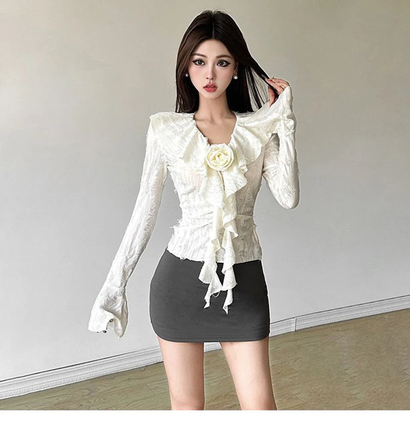 3D Floral Ruffles Y2K T Shirts Women Slim Long Sleeve Hole Gothic Tops Streetwear Harajuku Vintage Lady V Neck Design Tees voguable