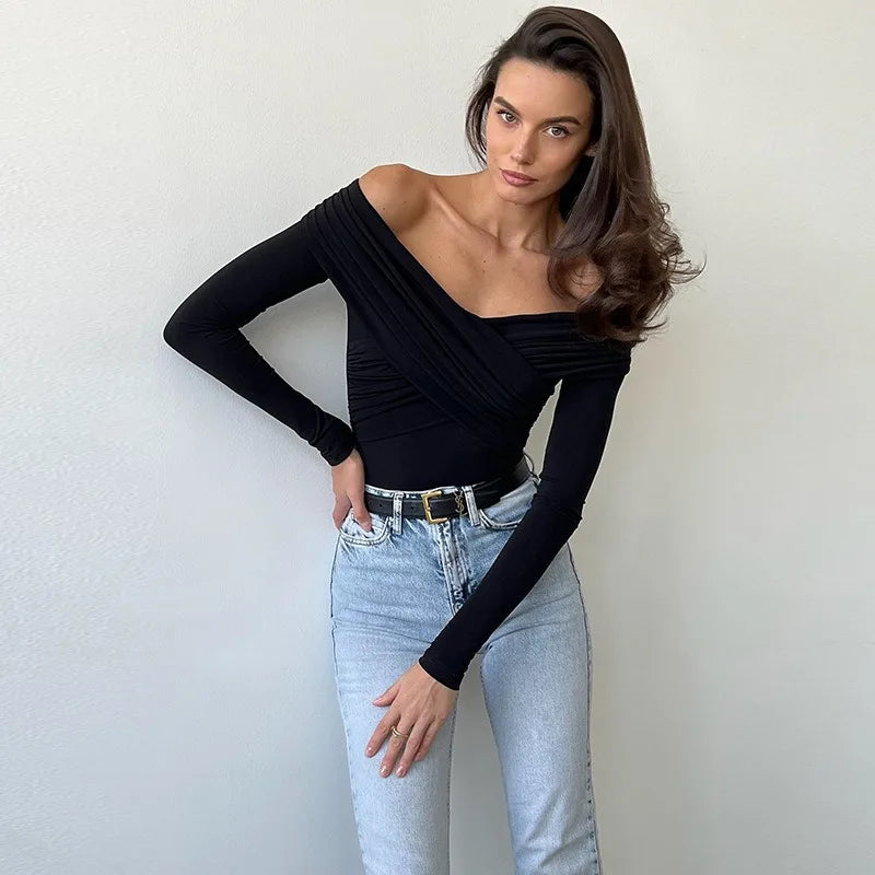 Red Sexy Off Shoulder Women's Bodysuits Fashion Crossed Folds Skinny Rompers Long Sleeve Fashion Streetwear Autumn Bodysuits New voguable