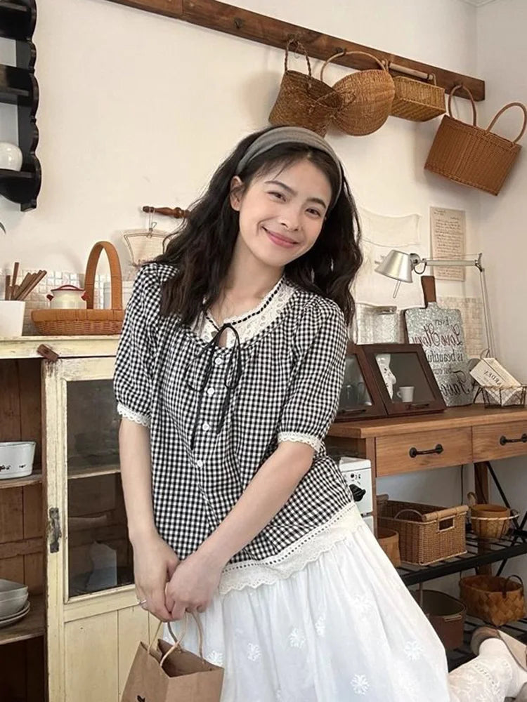 Sweet Vintage Women Plaid Blouse Casual Preppy Style Lace Patchwork Loose Shirt Cute Retro Female Short Sleeve Lace Up Tops voguable