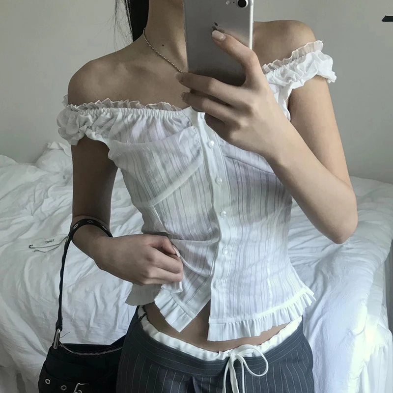 Voguable French Style Button-up Tank Top Women Chic Elegant Ruched Lace Stitching Slash Neck Camisole Cute Slim-fit Vest Y2K voguable