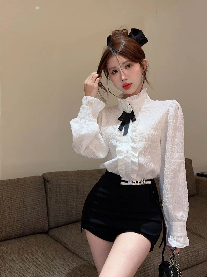 3D Floral Bow Shirt Women Elegant Long Sleeve Retro Korean White Blouse Casual Design Female Vintage Sweet Tops Spring New voguable