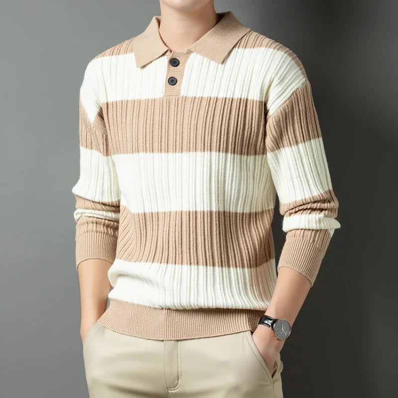 Voguable  Polo Shirt Luxury Men's Pullover Sweater Fashion Thick Warm Sweater Striped Casual T-shirt Men's Top Loose Knitwear voguable