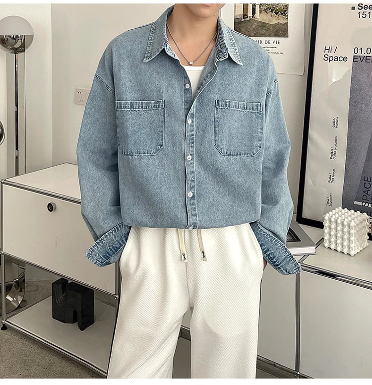 Voguable Spring Blue Black Denim Shirt Men Fashion Pocket Casual Shirts Mens Streetwear Korean Loose Long-sleeved Shirt Men M-2XL voguable