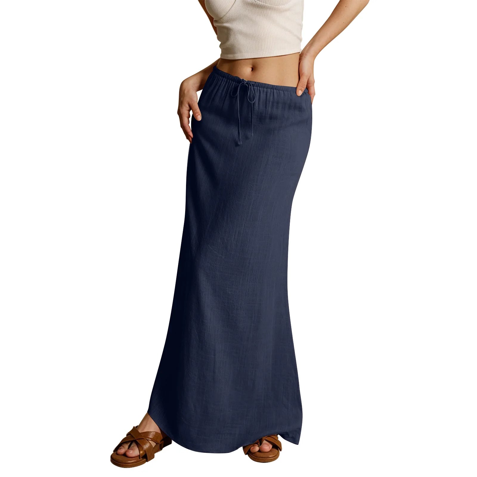 Voguable  Solid Color Straight Drawstring Elastic Waist Casual Ladies Skirt Summer Simple New Versatile Loose Long Skirt for Women voguable
